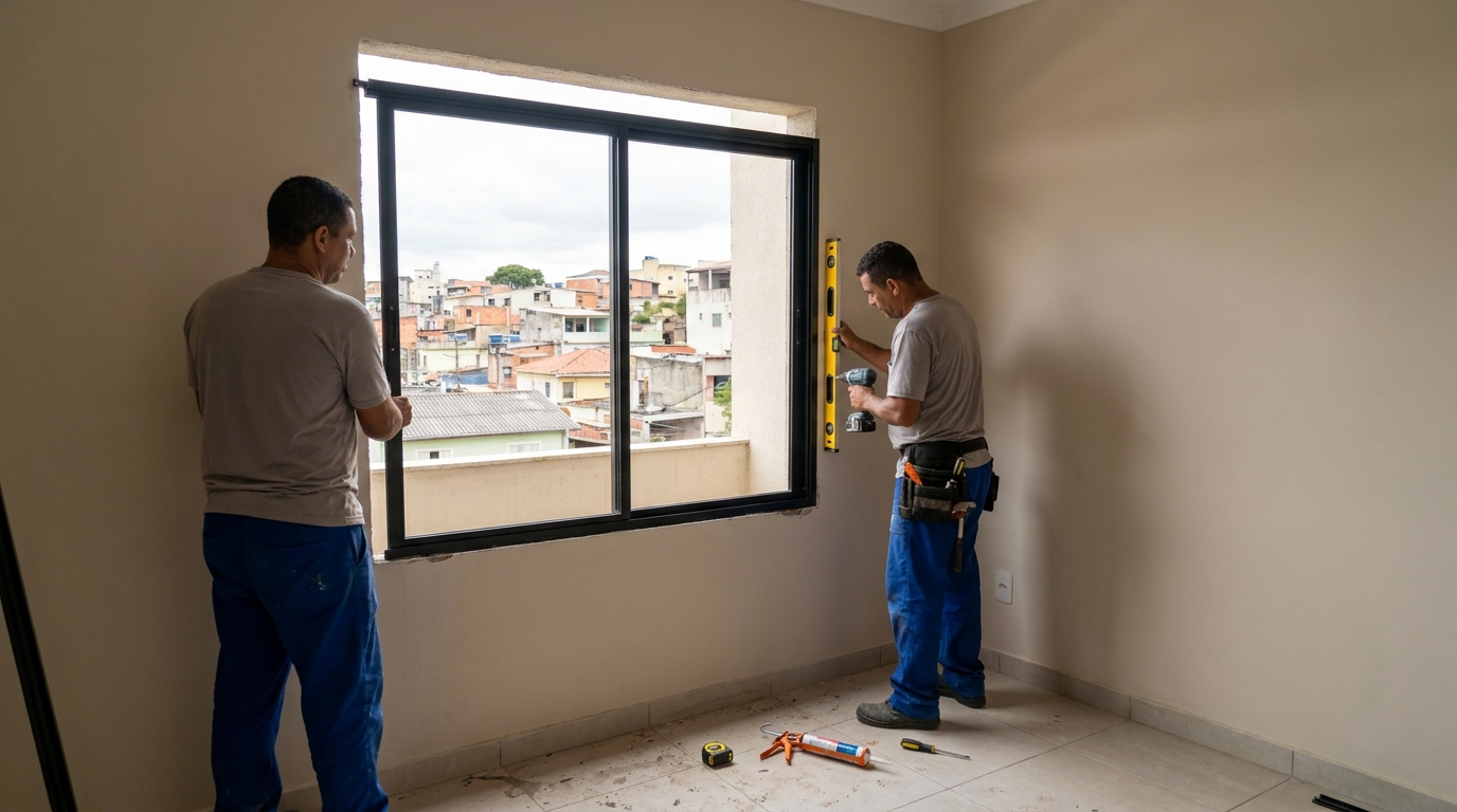 Esquadria de alumínio em quarto bege em Guarulhos-SP