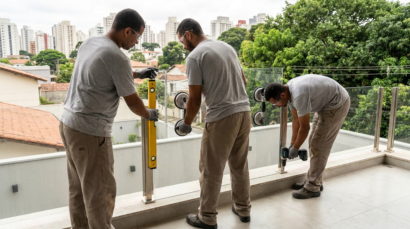 Guarda-corpo em terraço alto com vista cidade em Guarulhos-SP