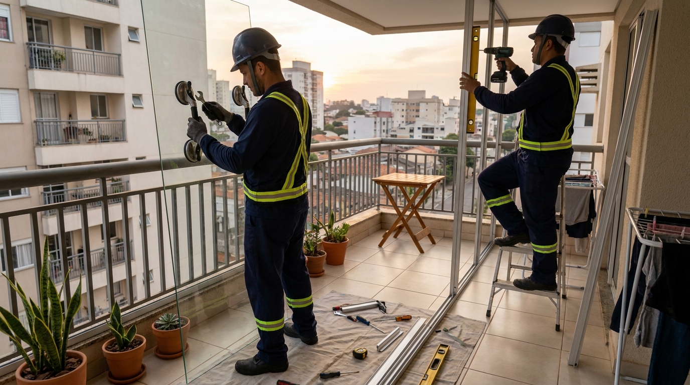 Instalação de parede de vidro em sacada em Guarulhos-SP