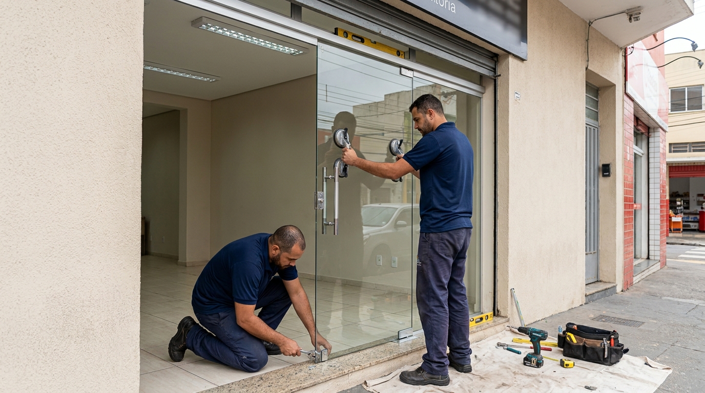 Porta de vidro com puxador inox em Guarulhos-SP